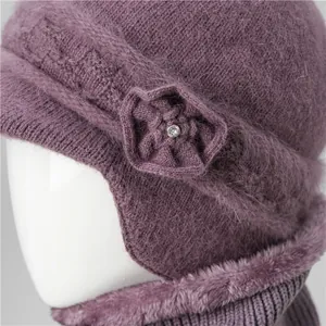 Purple winter knitted wool hat and scarf set with floral rhinestone for elderly women