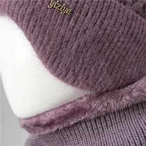 Winter purple knitted hat and scarf set for elderly women with warm fleece lining