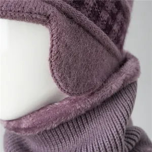 Winter fleece lined knit hat and scarf set for elderly women with ear protection