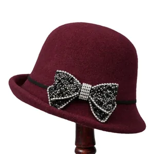 Elegant burgundy wool felt cloche hat with rhinestone bow decoration for women