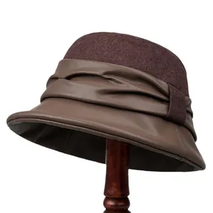 Elegant wool felt and leather cloche hat for elderly women in deep brown autumn style