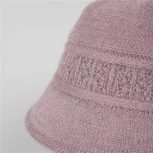 Knit bucket hat for elderly women in mauve purple with plush winter thermal fabric