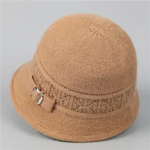 Winter camel knit bucket hat for elderly women with warm fleece lining and metallic buckle