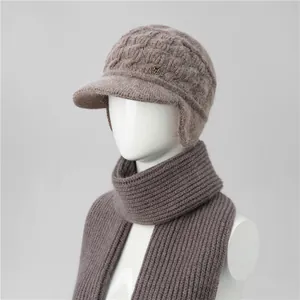 Detail of warm knit set for seniors showing the earflap cap and matching scarf texture