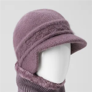 Women winter warm knit hat and neck gaiter set with thick plush lining in purple