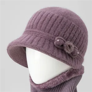 Women Winter Warm Rabbit Hair Knitted Hat And Scarf Warm Windproof Beanie With Flower Bow Artificial Pearl For Elderly Grandma
