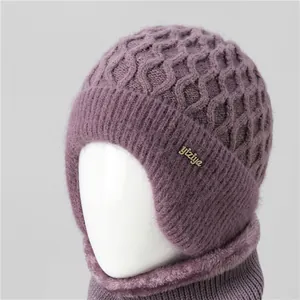Elderly Women Winter Knitted Hat And Scarf Thick Fleece Lined Warm Beanie Ear Protection Grandma Elegant Woolen Cap