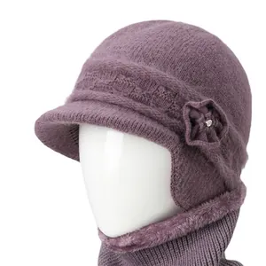 Women's warm winter knit hat and scarf set with purple rabbit fur and floral detail