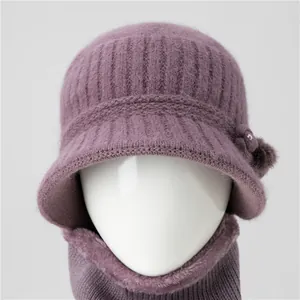 Winter warm knitted hat and neck warmer set for elderly women in elegant light purple
