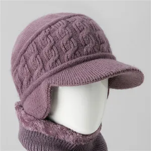 Purple knit winter hat and scarf set for elderly women with warm fleece lining