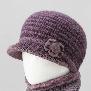 Gorro De Punto De Invierno Para Mujer Y Calentador De Cuello Y Bufanda Gorro Cálido De Mezcla De Pelo De Conejo Para Madre Anciana Gorro Floral Elegante