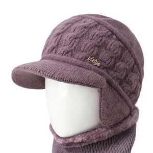 Winter purple knit trapper hat and scarf set for women with warm faux fur lining