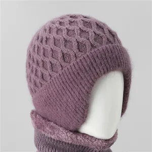 Winter knit hat and scarf set in deep purple with warm faux fur trim for elderly women
