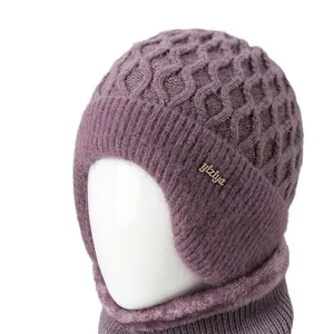 Purple knit winter hat and neck warmer set with warm fleece lining for elderly women