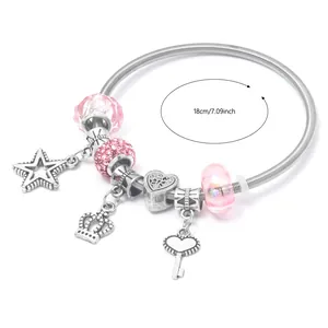 Korean Style Vintage Alloy Beaded DIY Charm Bracelet For Women Girls With Heart Pentagram Crown Pendants Fashion Jewelry Gift