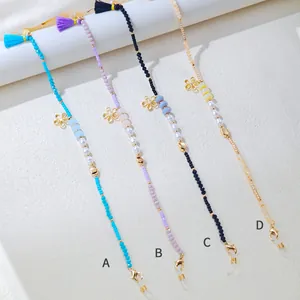 Colorful handmade pearl beaded glasses chain with flower charms in four distinct colorways