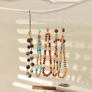 Handmade Wood Beaded Phone Charm Lanyard Retro Chinese Style Crystal Glass Bead Wrist Strap For Women Phone Case Jewelry Gift