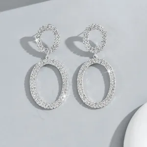 Elegant silver-tone oval geometric earrings with sparkling crystals for women