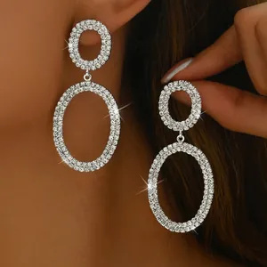Sparkling silver oval drop earrings with micro-pave crystal diamonds for women