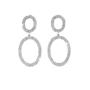 Elegant silver-tone tiered drop earrings with oval rhinestones and geometric crystal design
