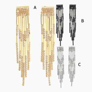 Long fringe earrings with sparkling rhinestones in gold, black, and silver finishes