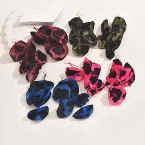 Handmade leopard print fabric flower earrings with elegant gold hooks in four colors