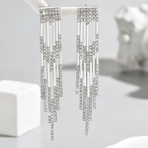 Macro shot of sparkling silver long tassel earrings with shimmering rhinestone accents