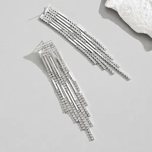 Detailed close-up of long silver fringe earrings with sparkling white rhinestones