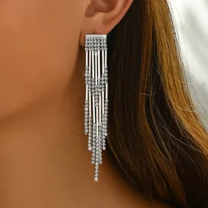 Close-up of long silver fringe earrings with shimmering rhinestones on model