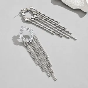 Macro shot of silver tassel earrings with marquise cut crystals and glittering fringes
