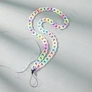 Detail of colorful acrylic phone lanyard with matte macrame finish and secure nylon loop