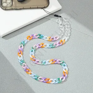 Detail of colorful acrylic phone lanyard with frosted macaron chain links and black cord