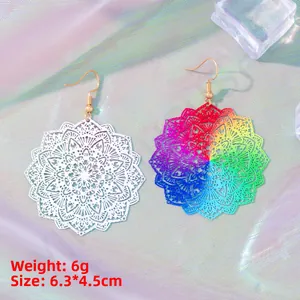Exotic hollow mandala drop earrings in white and rainbow colors, size 6.3x4.5cm