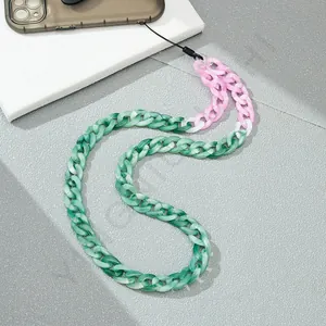 Detail of colorful acrylic chain phone lanyard with green, pink, and white link rings