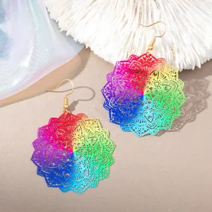 Bohemian mandala hollow earrings with rainbow gradient finish and gold hooks