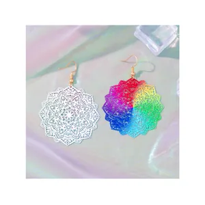 Ethnic mandala hollow disc earrings in white and rainbow colors with gold hooks