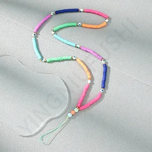 Colorful Heishi clay bead phone strap with evil eye charms and vibrant multi-color sections