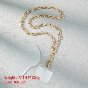 Fashionable gold metal link chain strap with lobster clasps for phones and bags, 83cm