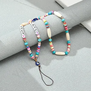 Bohemian Handmade Colorful Beaded Phone Strap With Evil Eye Charm Love Mama Letter Beads Acrylic Polymer Clay Phone Chain For Women