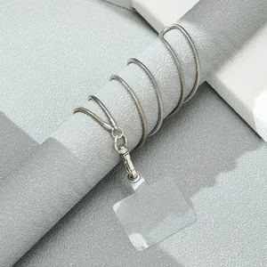 Detail of silver snake chain phone lanyard with metal clasp and clear connector pad
