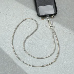 Detail of silver snake chain mobile lanyard with metal spring buckle and PVC patch