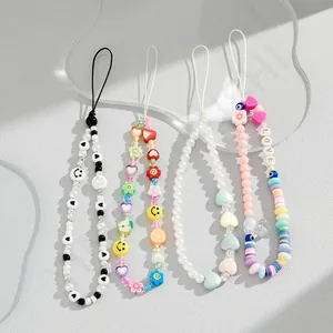 Acrylic Beaded Phone Lanyard Handmade Colorful Smile Face Heart Fruit Flower Phone Charm Strap For Women Girls Tech Accessory