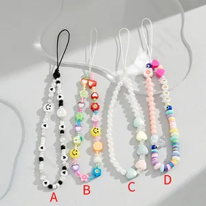 Colorful macaron acrylic beaded phone charms with smiley faces and hearts in four styles