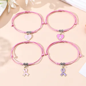Rosa geflochtenes Armband-Set mit Herz- und Schleifenanhängern und LOVE-Gravur