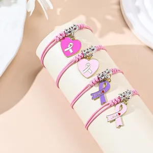 Rosa geflochtenes Armband-Set mit Herz- und Schleifenanhängern zur Brustkrebsvorsorge