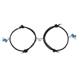 Pärchen-Armbänder mit Schmetterling-Anhänger und Magnetherz aus verstellbarer Kordel
