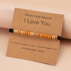 Handmade Morse Code Bracelet For Women Men I Love You Woven Black Cord Wood Alloy Bead Adjustable Couple Jewelry Gift