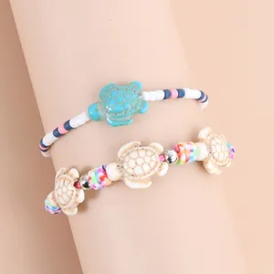 Bohemian turquoise turtle beaded bracelet set with colorful sea-style woven strands