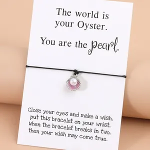 Bohemian Legierung Muschel Perlenimitat Wunsch Armband Für Damen Einstellbar Schwarz Gewachste Kordel Gewebtes Armband Strand Schmuck Geschenk