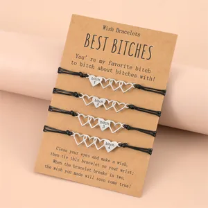 Stainless Steel Heart Engraved Friendship Woven Bracelet Set Adjustable Braided Cord Personalized Jewelry For Women Friends